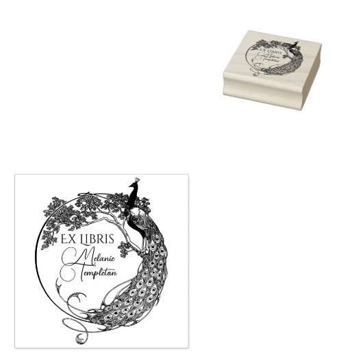 Pfau im Round Frame Art Nouveau Ex Libris Name Gummistempel (Stempel)