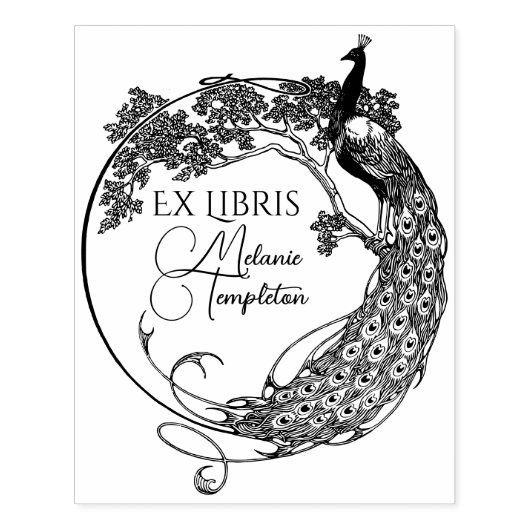 Pfau im Round Frame Art Nouveau Ex Libris Name Gummistempel (Prägung)