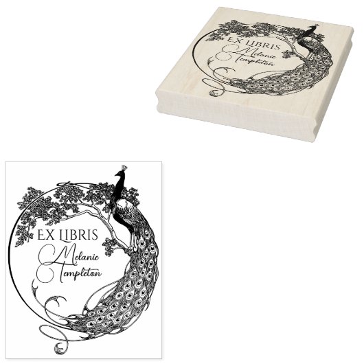 Pfau im Round Frame Art Nouveau Ex Libris Name Gummistempel (Stempel)