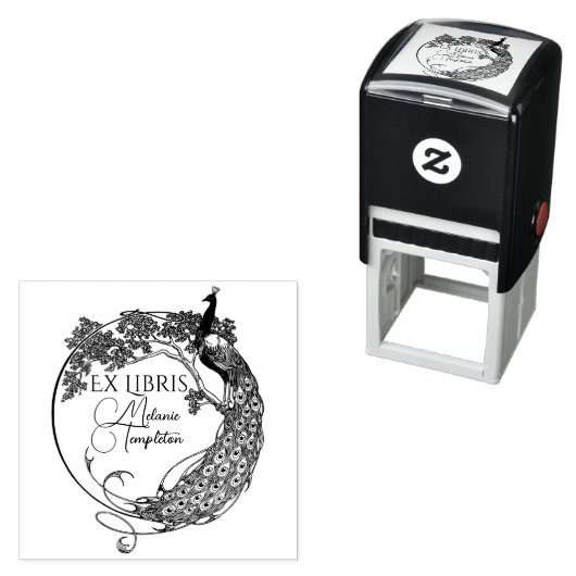 Pfau im Round Frame Art Nouveau Ex Libris Name Permastempel (Beispiel)