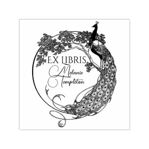 Pfau im runden Rahmen Jugendstil Ex Libris Name Permastempel