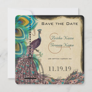 Pfau im Vogelkäfig Save-the-Date mit Aubergine Save The Date