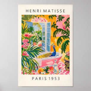 Pfau in Bathtub Art Print, rosa Maximalist Deko
