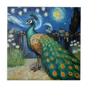 Pfau in der Sternennacht von Van Gogh Fliese