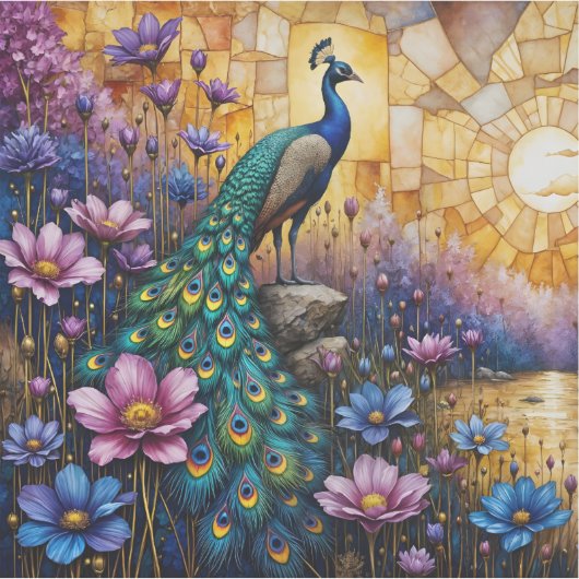Pfau in floraler Landschaft Aufkleber (Vorderseite)