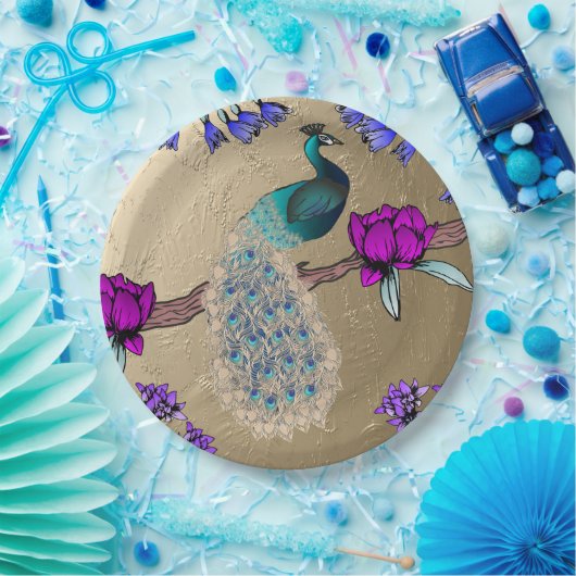 Pfau in Gold Pappteller (Party)