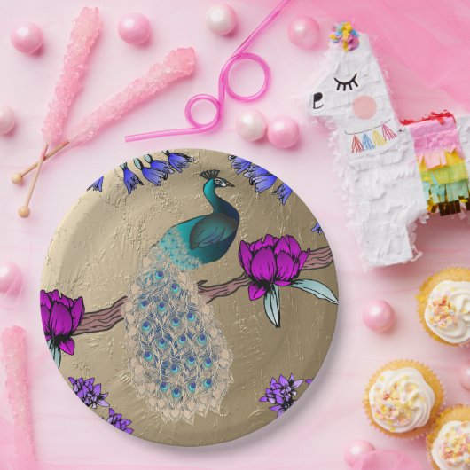 Pfau in Gold Pappteller (Party)