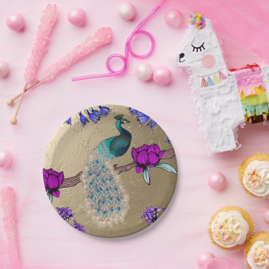 Pfau in Gold Pappteller (Party)