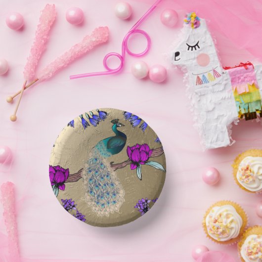 Pfau in Gold Pappteller (Party)