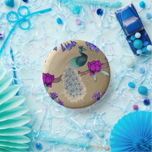 Pfau in Gold Pappteller (Party)