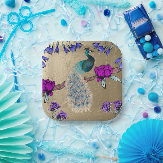 Pfau in Gold Pappteller (Party)