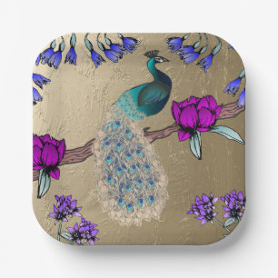 Pfau in Gold Pappteller