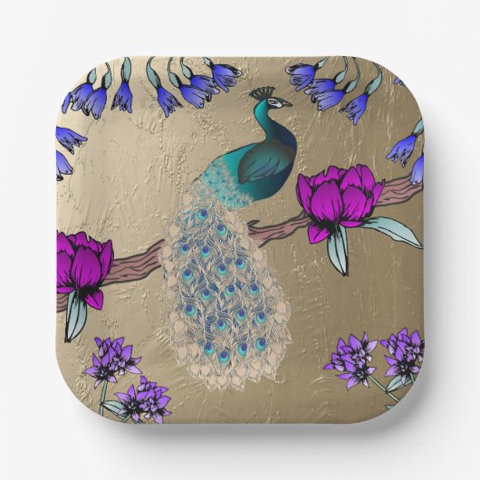 Pfau in Gold Pappteller (Vorderseite)