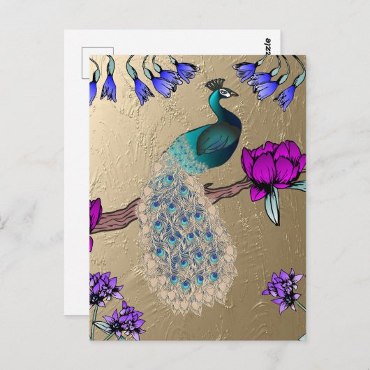 Pfau in Gold Postkarte (Vorne/Hinten)