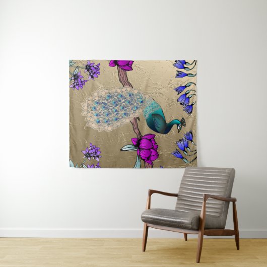 Pfau in Gold Wandteppich (Beispiel (Horizontal))