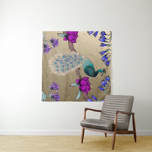 Pfau in Gold Wandteppich (Beispiel (Horizontal))