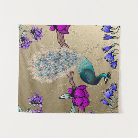 Pfau in Gold Wandteppich (Vorderseite (Horizontal))