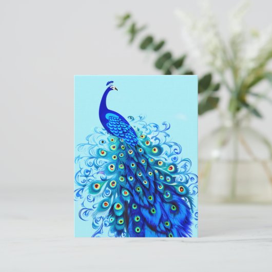 Pfau in Türkis, Cobalt Blue und Aqua Postkarte (Stehend Vorderseite)