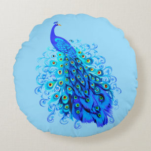 Pfau in Türkis, Cobalt Blue und Aqua Rundes Kissen