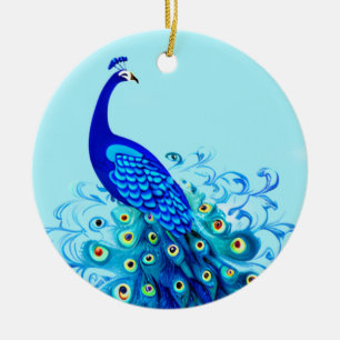 Pfau in Türkis und Cobalt Blue Keramik Ornament