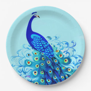 Pfau in Türkis und Cobalt Blue Pappteller