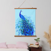 Pfau in Türkis und Cobalt Blue Wandteppich Mit Holzrahmen (Schlafzimmer)