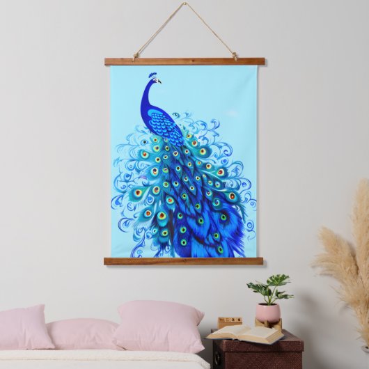 Pfau in Türkis und Cobalt Blue Wandteppich Mit Holzrahmen (Schlafzimmer)