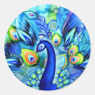 Pfau in voller Blüte Runder Aufkleber