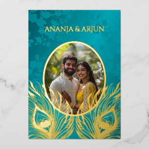 Pfau Juwel Ton Gold Hochzeit  Folieneinladung
