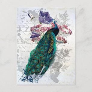 Pfau-Lila-Blumen Vintage-Ephemera Elegant Postkarte