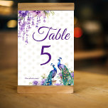 Pfau lila indische Hochzeit Tischnummer<br><div class="desc">Pfau und lila Blumen Aquarell indische Hochzeitskarte Tischnummer Schild. Zwei schöne Pfauen lila Jasmin-Blume Wisteria hängt Blumen und Garland Tischnummer Karte</div>