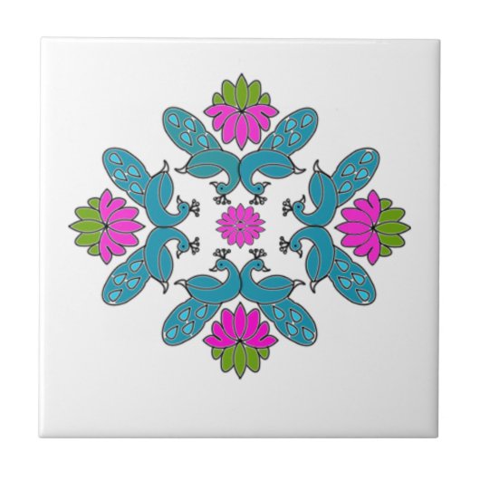 Pfau Lotus Rangoli Fliese (Vorderseite)