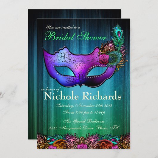 Pfau-Maskerade-Brautparty-Einladung Einladung (Vorne/Hinten)