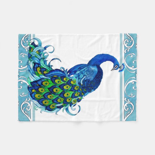 Pfau mit blauem Rand Fleecedecke (Vorderseite (Horizontal))