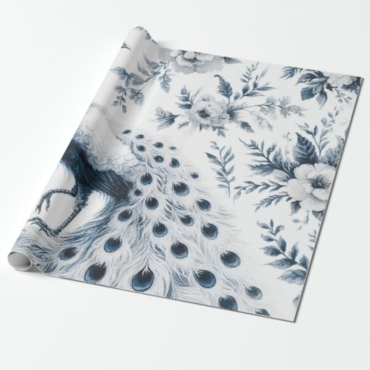 Pfau mit blauen Blumen Geschenkpapier (Ungerollt)