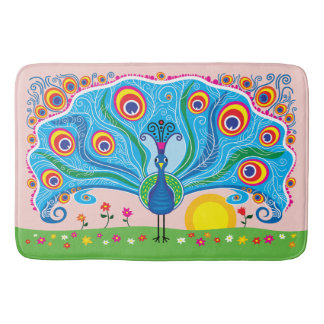 Pfau mit Blumen Badematte