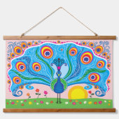 Pfau mit Blumen Wandteppich Mit Holzrahmen (Vorne)