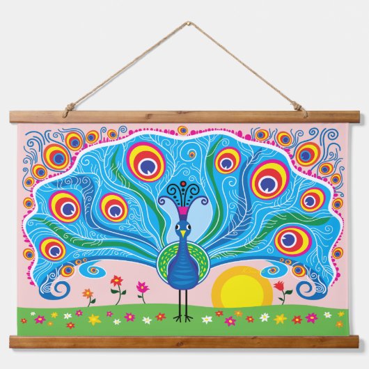 Pfau mit Blumen Wandteppich Mit Holzrahmen (Vorne)