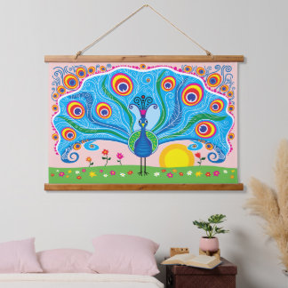 Pfau mit Blumen Wandteppich Mit Holzrahmen