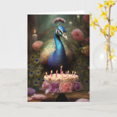 Pfau mit Geburtstagskuchen Karte (Gelbe Blume)