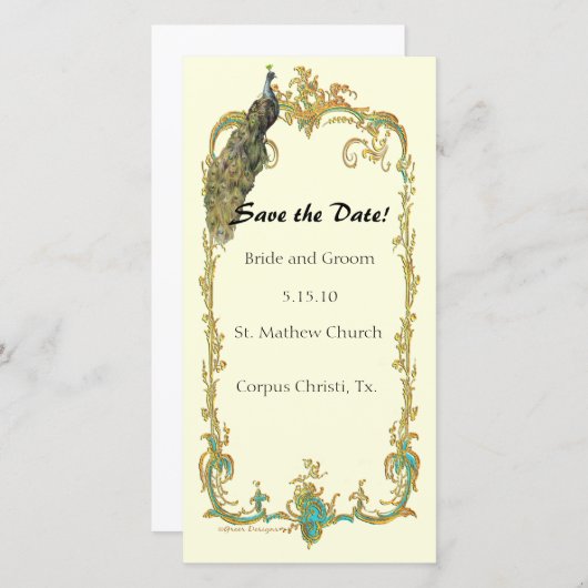 Pfau mit Gold Frame "Save the Date" Karte (Vorne/Hinten)