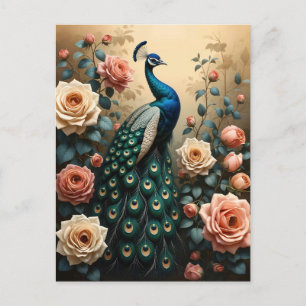Pfau mit Pfirsich und rosa Rosen Postkarte