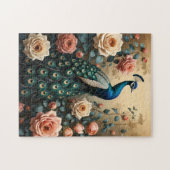 Pfau mit Pfirsich und rosa Rosen Puzzle (Horizontal)
