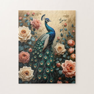 Pfau mit Pfirsich und rosa Rosen Puzzle