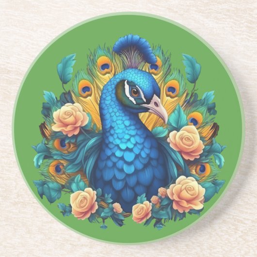Pfau mit PfirsichRose Getränkeuntersetzer (Vorne)