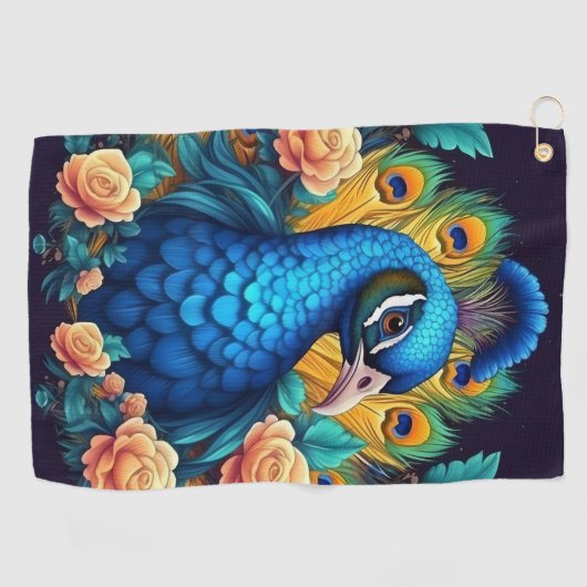 Pfau mit PfirsichRose Golfhandtuch (Horizontal)