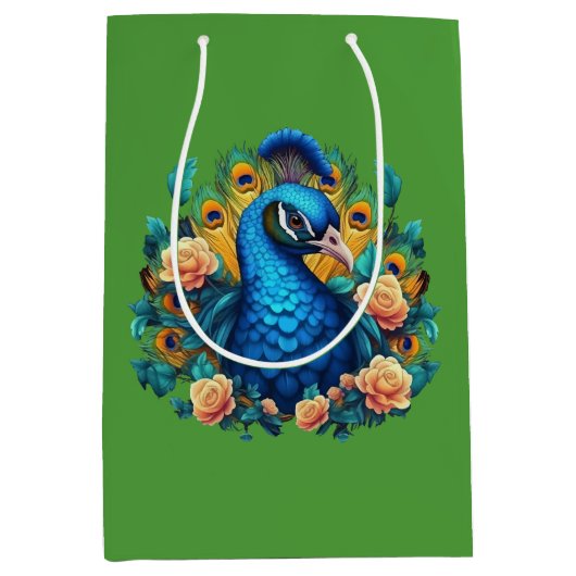 Pfau mit PfirsichRose Mittlere Geschenktüte (Vorderseite)