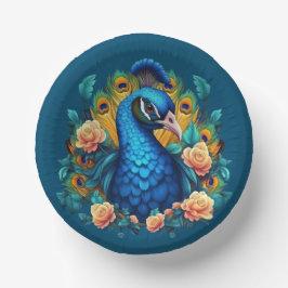 Pfau mit PfirsichRose Pappteller