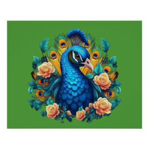 Pfau mit PfirsichRose Poster