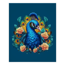 Pfau mit PfirsichRose Poster